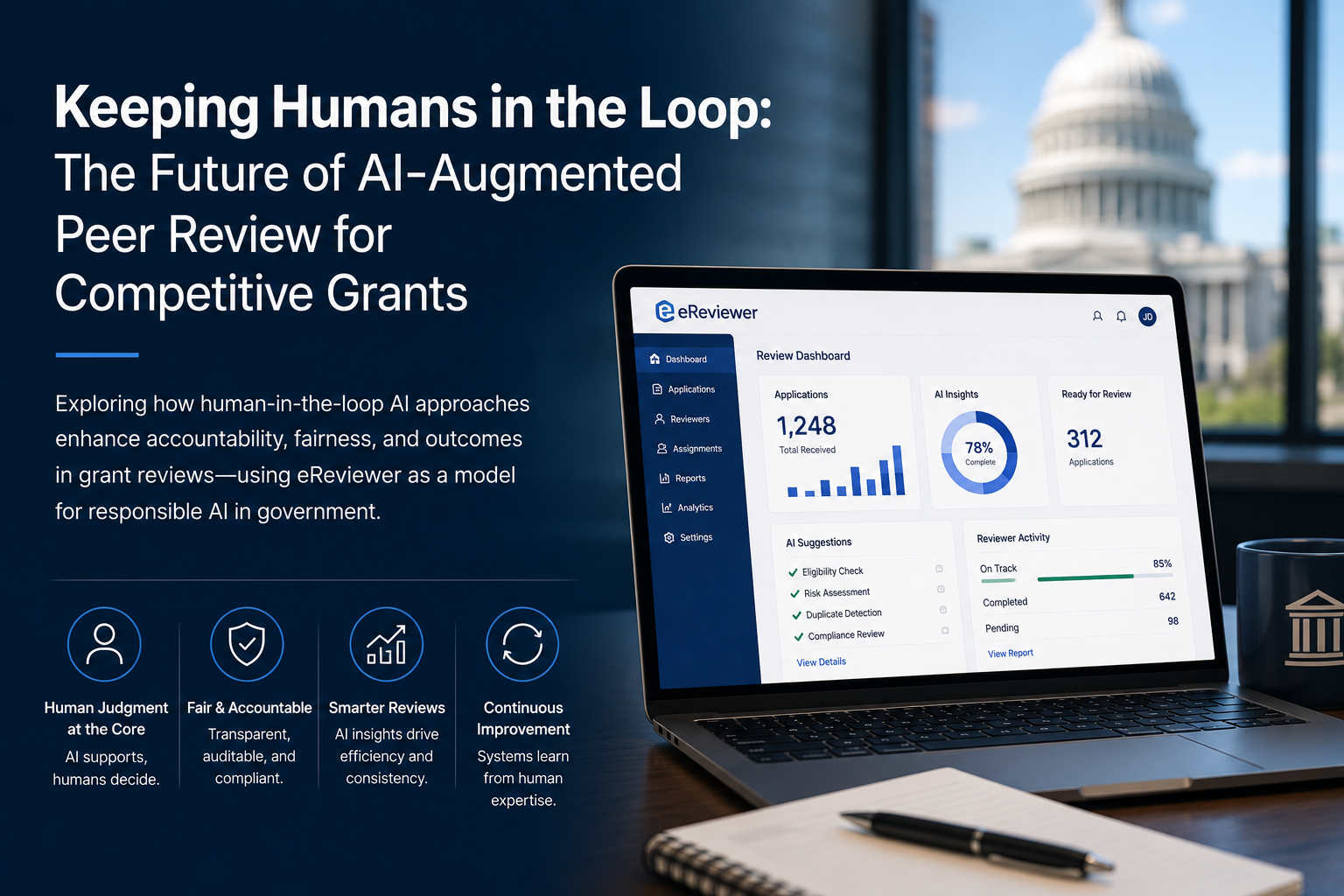 Featured image showing an eReviewer dashboard on a laptop with the U.S. Capitol in the background, representing human-in-the-loop AI for competitive grant peer review.