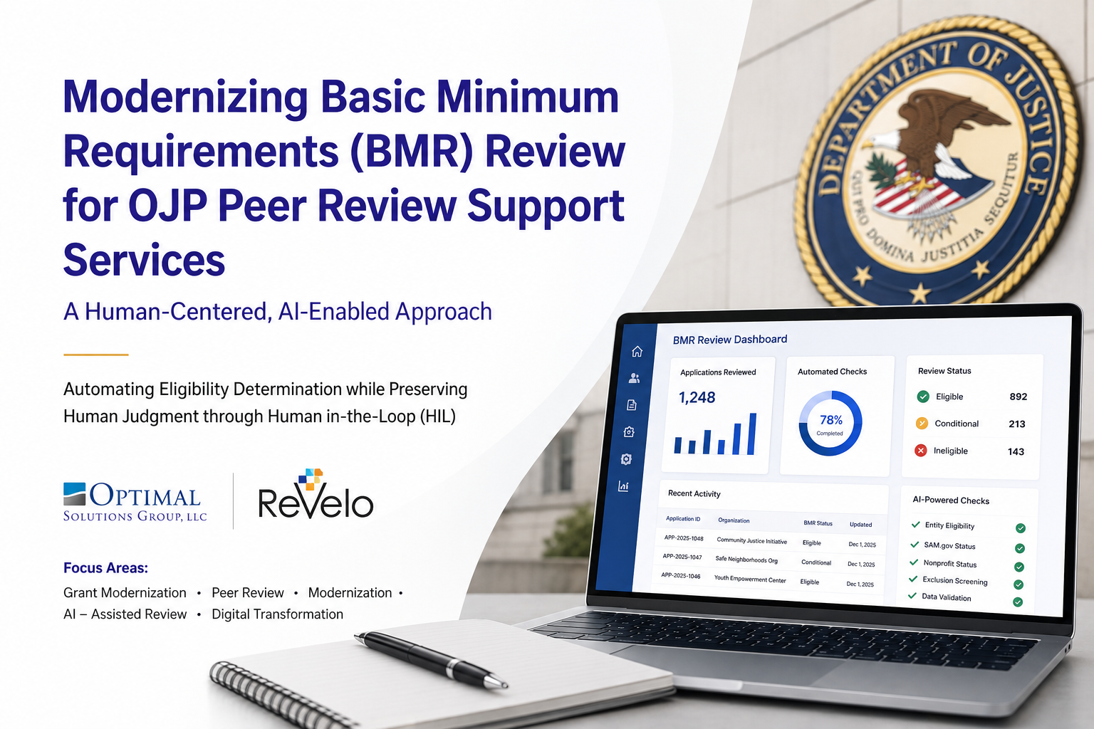 Featured image for a white paper on OJP Basic Minimum Requirements review, showing a laptop with a BMR review dashboard, the Department of Justice seal, and text highlighting an AI-enabled, human-centered approach to eligibility review.