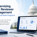 Featured image showing a laptop with a reviewer management dashboard in front of the U.S. Capitol, alongside the title “Modernizing Peer Reviewer Management for Federal Grant Programs,” representing a data-driven approach to managing federal grant reviewers.