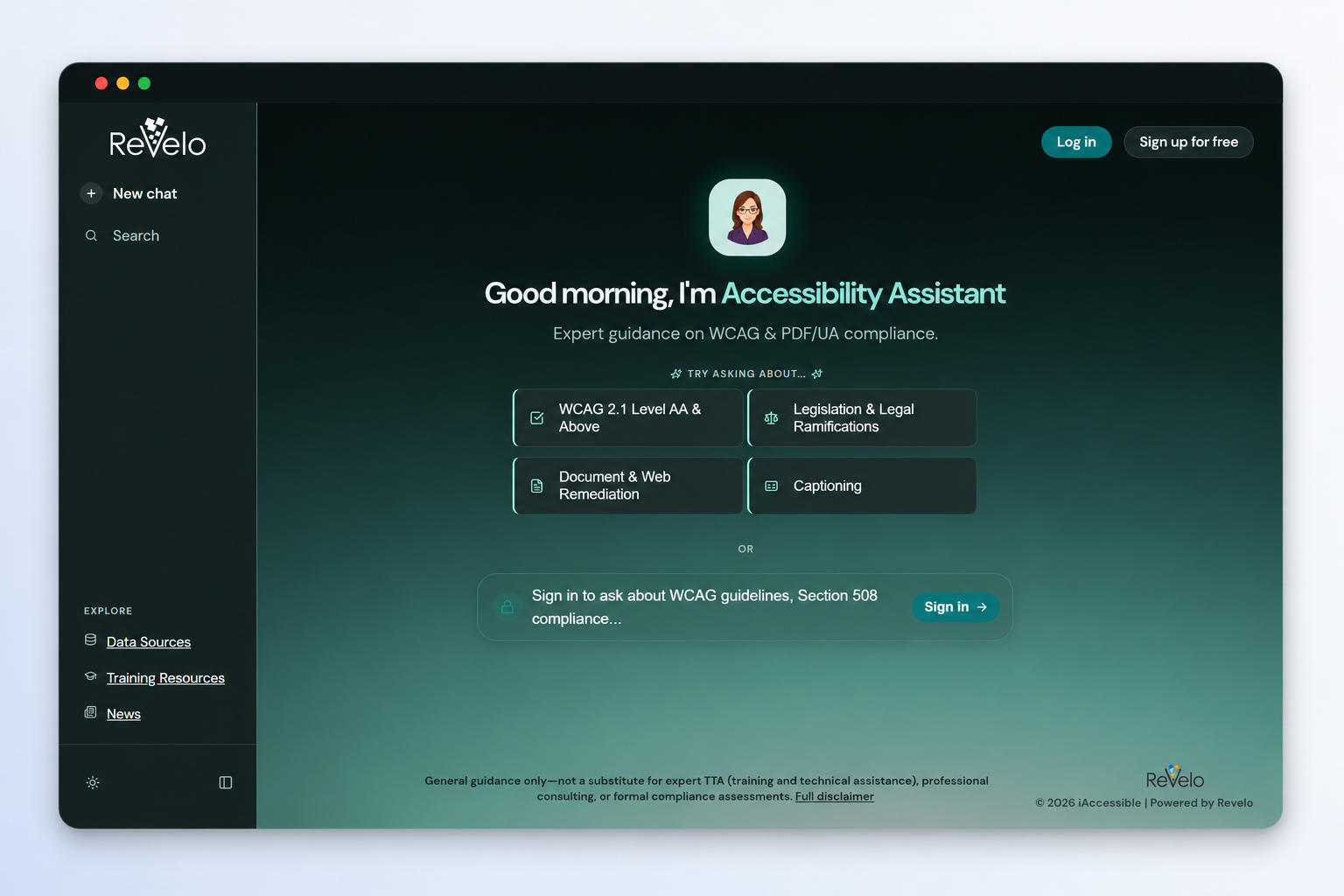 Accessibility Assistant interface showing AI-powered guidance for WCAG, Section 508, PDF/UA, remediation, and accessibility training resources.