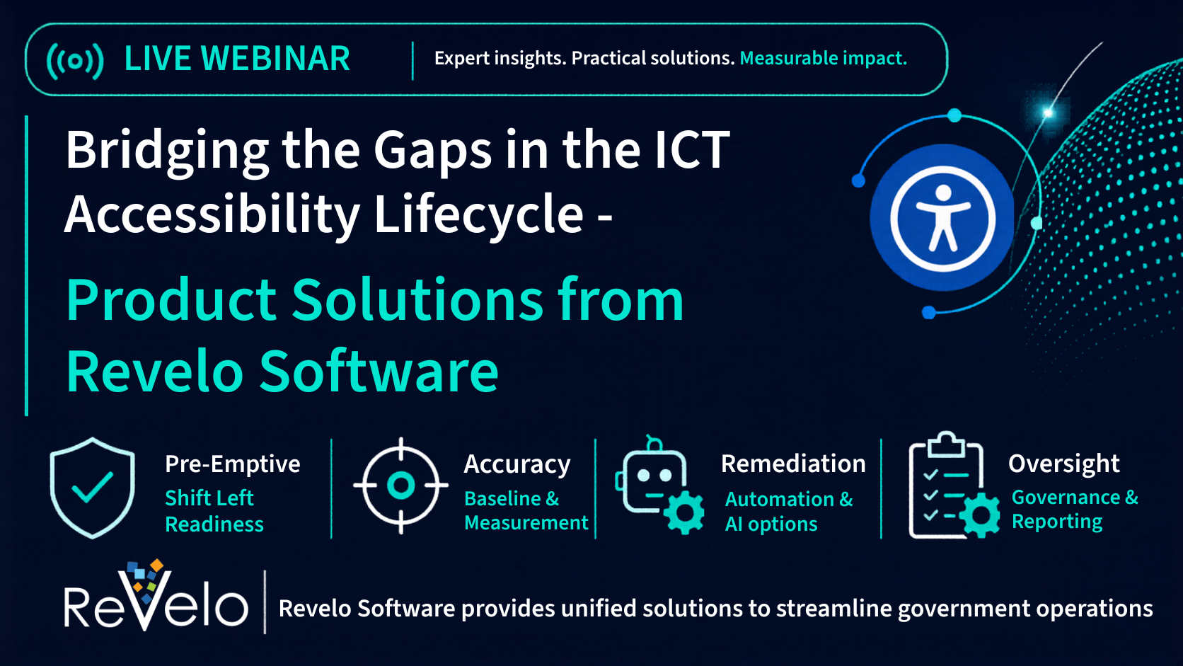 Live webinar banner for Revelo Software on bridging gaps in the ICT accessibility lifecycle through pre-emptive readiness, accuracy, remediation, and oversight.