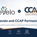 Graphic for Revelo Software and the County Commissioners Association of Pennsylvania partnership, highlighting accessibility and compliance solutions for Pennsylvania counties with government and public service design elements.