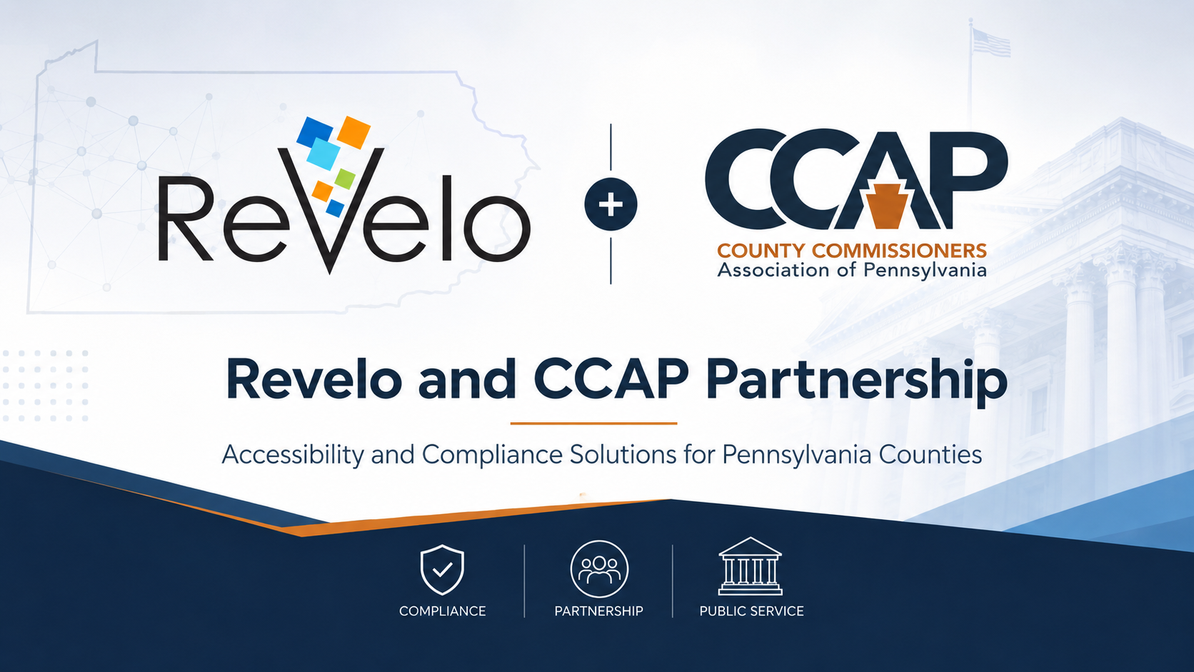 Graphic for Revelo Software and the County Commissioners Association of Pennsylvania partnership, highlighting accessibility and compliance solutions for Pennsylvania counties with government and public service design elements.