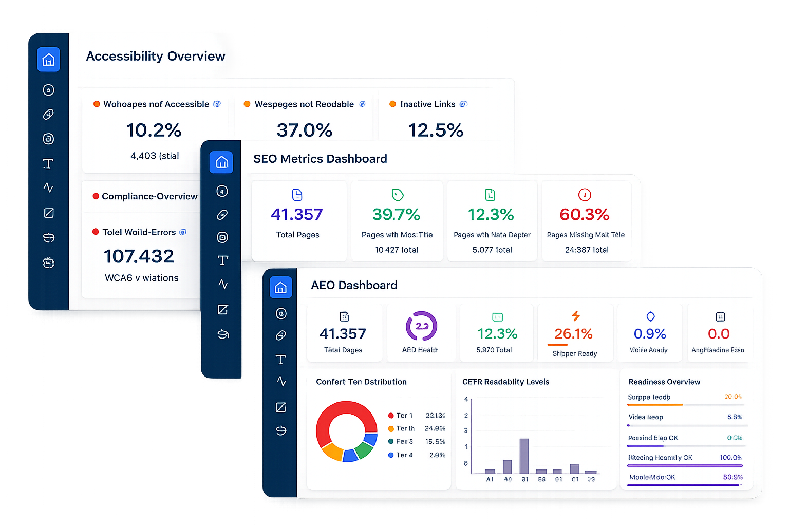 Illustration of three layered iAccessible analytics dashboards displaying accessibility, SEO, and Answer Engine Optimization (AEO) metrics, with charts, scorecards, and summary cards presented in a modern, overlapping interface on a clean background.