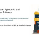 Title slide for “Thoughts on Agentic AI and Enterprise Software: A Practical Look at Data Governance, Orchestration, and the Enterprise Data Stack,” by Tracye Turner, President and CEO of Revelo Software, dated March 3, 2026. An illustration shows an enterprise data stack with database, ETL, business intelligence, and large language model foundations supporting data governance, predictive analytics, descriptive analytics, and AI.