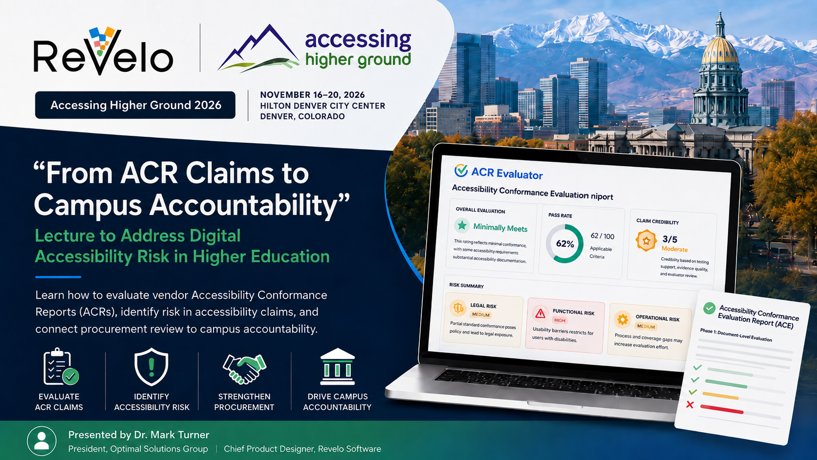graphic for a 2026 Accessing Higher Ground lecture on evaluating Accessibility Conformance Reports, identifying vendor accessibility risk, strengthening procurement practices, and connecting ACR review to campus accountability